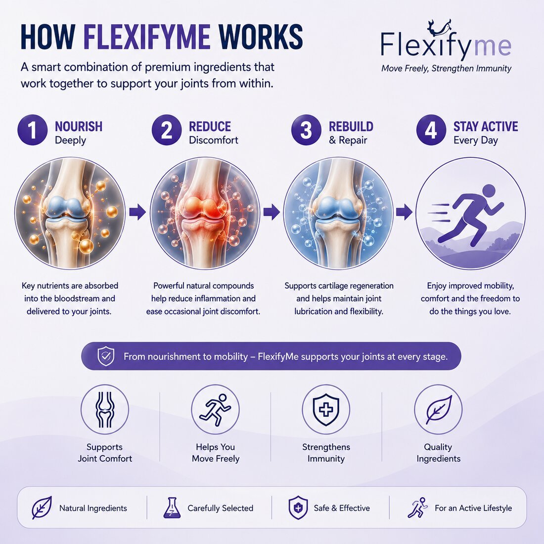 How Flexifyme works: Nourish, Reduce, Rebuild, Stay Active