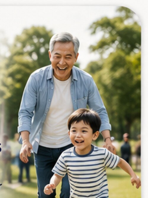 Grandfather running and playing with grandson
