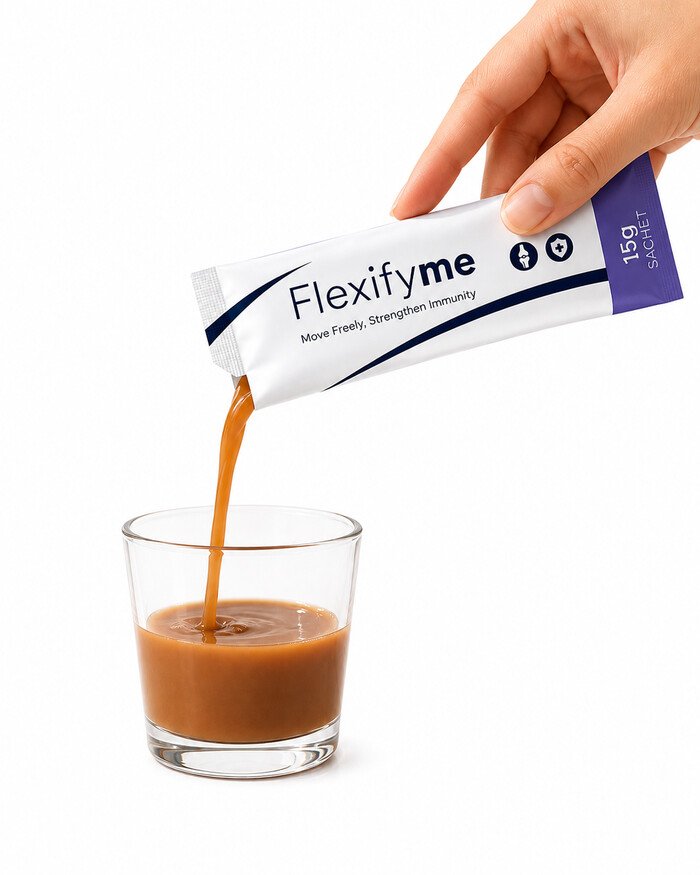 Flexifyme liquid sachet being poured into a glass