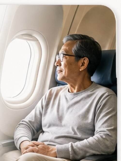Man relaxing comfortably on a flight
