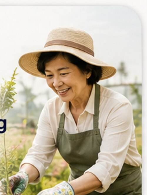 Woman gardening, bending and tending to flowers