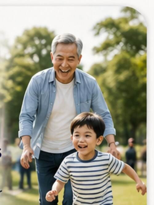 Grandfather running and playing with grandson