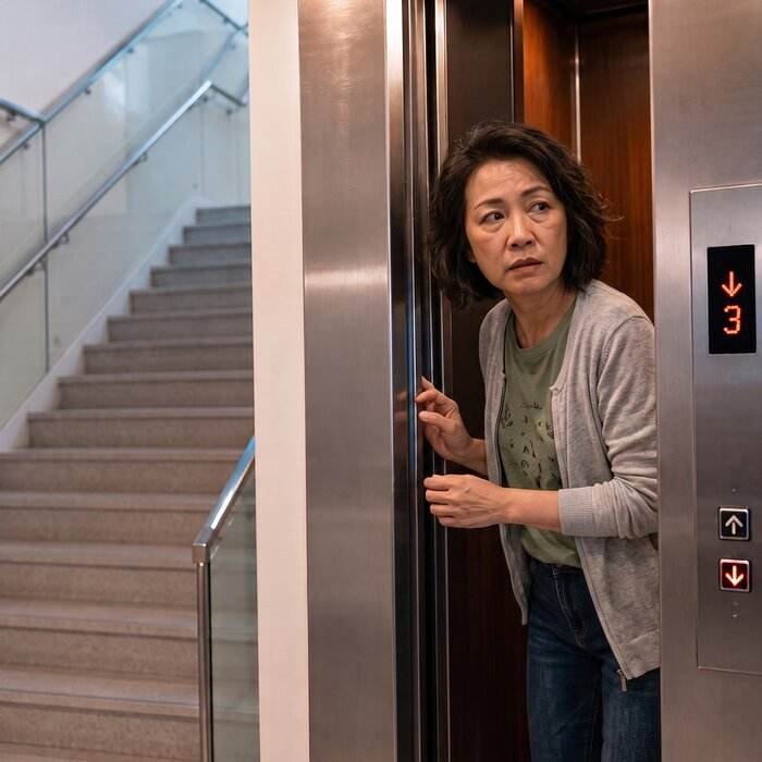 Woman hesitating at the lift instead of taking the stairs