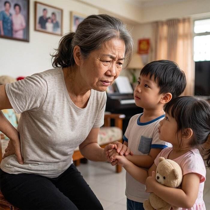 Grandmother wincing in back pain while holding her grandchildren's hands